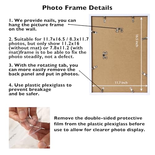 Image of JCJMY 11.7x16.5 A3 Picture Frame White with 8.3x11.7 A4 Mat, Display Photo 8.3x11.7 with Mat or 11.7 x 16.5 Without Mat, Wall Hanging Large Frame with Plexiglass, White