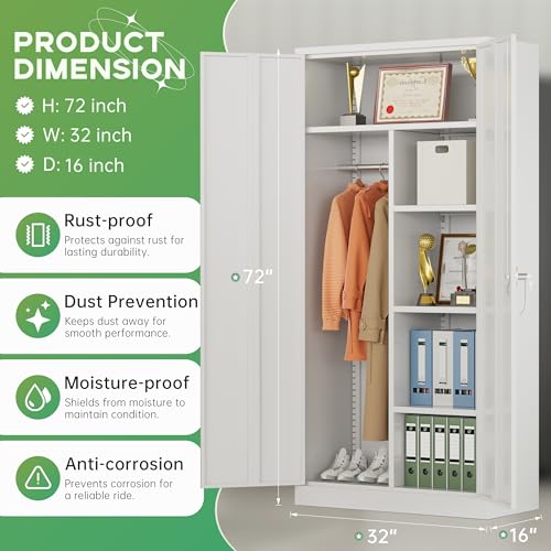 Image of INTERGREAT Metal Wardrobe Closet, 71 inch White Locking Storage Wardrobe Cabinet with Doors and Shelves, Tall Steel Clothes Storage for Office, Home, School, Gym