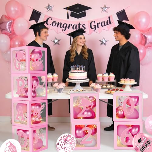 Image of Pink Graduation Decorations Class of 2026 - Set of 4 Balloons Boxes with Letters 2026 GRAD So Proud of You, Congrats Grad Party Decorations for Any Grades