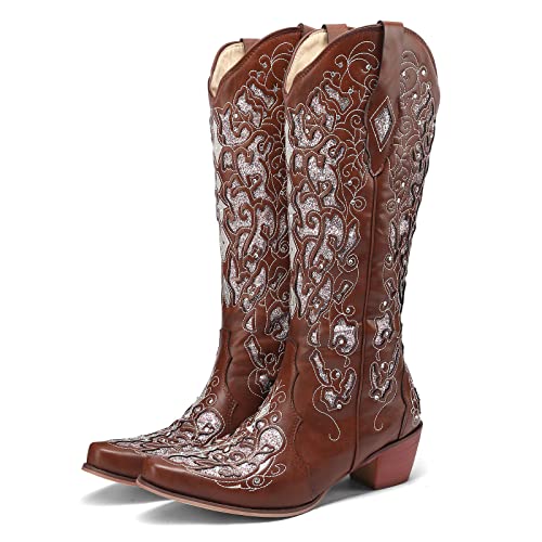 Kluolandi Cowboy Boots for Women Wide Calf Western Knee High Boots with Rhinestone Chunky Heel Embroidered Cowgirl Boots4