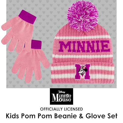 Disney Minnie Mouse Beanie Hat and Gloves Set, Kids Polka Dot Cuffed Winter Knit Cap2