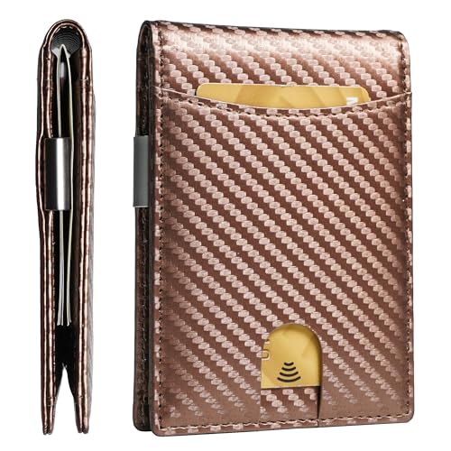 Image of Slim Bifold Wallet for man with Money Clip - RFID Blocking, Multiple Credit Card Pockets - Sleek and Versatile Design - Genuine Leather - Ideal for Cash and Cards (Carbon FIber Brown - Brown)