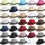 35 Pack Short Brim Straw Fedora Hats Unisex Summer Beach Sun Fedora Hat Bulk Classic Fedora Trilby Hat with Black Band Cotton Houndstooth Sun Straw Fedora Hat Panama Fedora Cap for Man Woman 35 Colors
