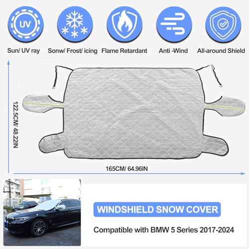 Image of Windshield Snow Cover Compatible with BMW 5 Series 2009-2024, Car Snow Cover, Front Windshield Sunshade, Exterior Windscreen Sun Shade, UV-Rays Sun Ice Snow Frost Protector, 4-Layer Windshield Cover
