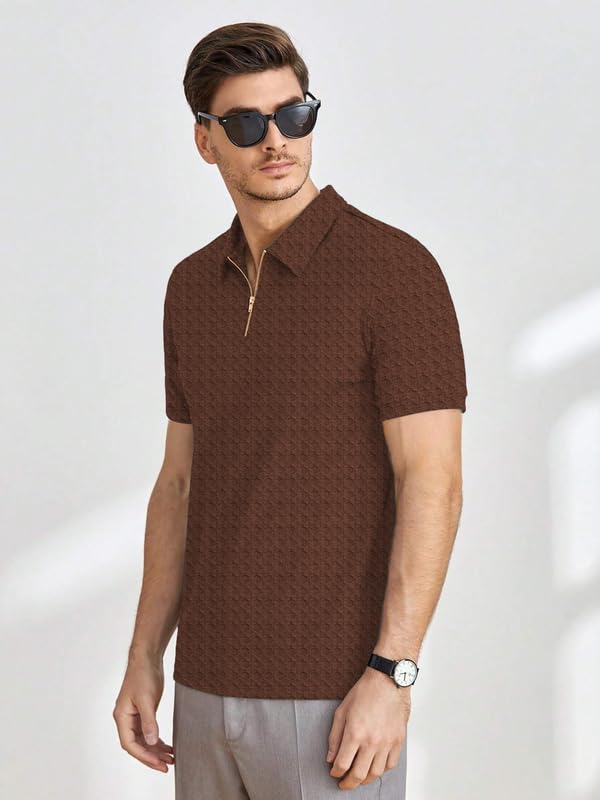 Image of KAJARU Men's Polyster Blend Regular Fit T-Shirt with Half Sleeve Chain Polo Collar V-Neck Standard Length and Classic Style