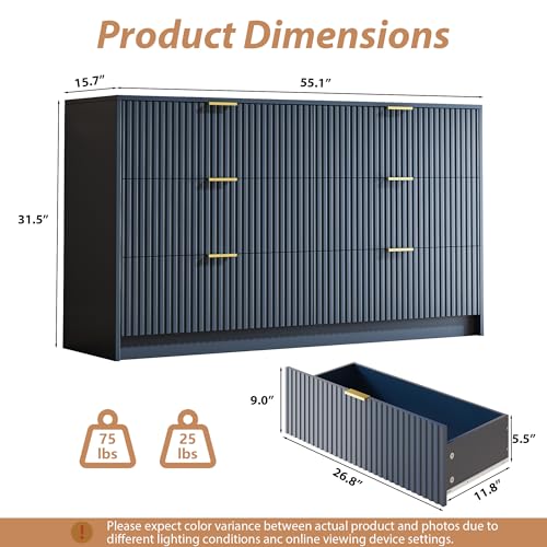 Image of MAISONARIA 6 Drawer Dresser for Bedroom, 55 inch Wide Modern Chest of Drawers with Gold Metal Handles, Fluted Wood TV Stand for Living Room, Hallway(Navy Blue)