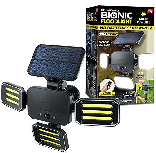 Bell+Howell Bionic Flood Light Original, Solar Lights Outdoor Waterproof- 50% Brighter 108 COB-LED's w/Motion Sensor 180° Swivel, Adjustable Panels for Garden, Lawn and Patio As Seen On TV