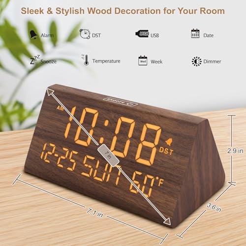 Image of DreamSky Digital Alarm Clock for Bedrooms - Wooden Desk Clock with Date | Day of Week, USB Port, Temperature, Dimmer for Bedside Table, Living Room, Office, Adjustable Volume, Auto DST, Wood Decor