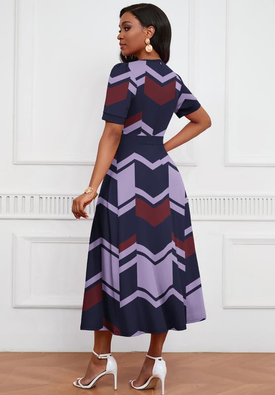 Image of MarryUP Women's Midi Dresses - V Neck Cocktail & Church Tea Dresses - Short Sleeve A-Line Swing Dress