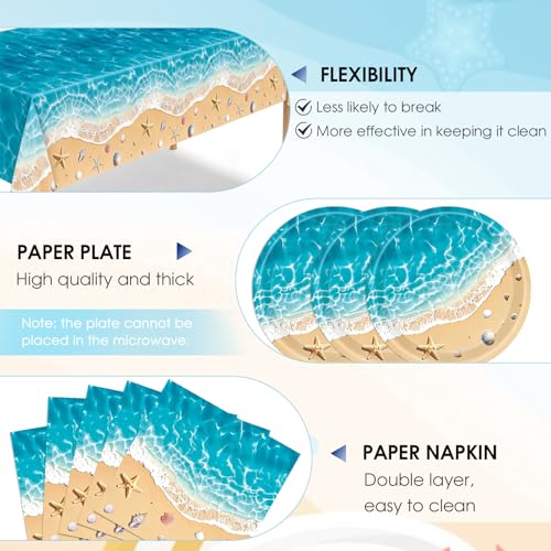 Image of Beach Birthday Party Decorations,41Pcs Disposable Ocean Waves Beach Dessert Plates Napkins Tablecloth Tableware Set Summer Pool Hawaiian Beach Party Supplies for Kids Baby Shower Birthday
