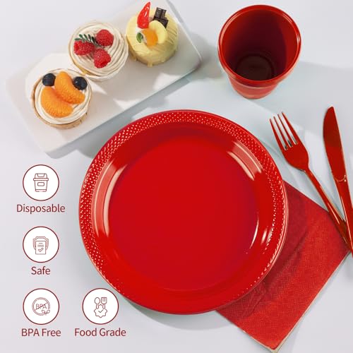 Red Plastic Plates,Christmas Disposable Plates Set,Disposable Plastic Dinnerware for Christmas Wedding Birthday,Serve 25 Guests – Image 5