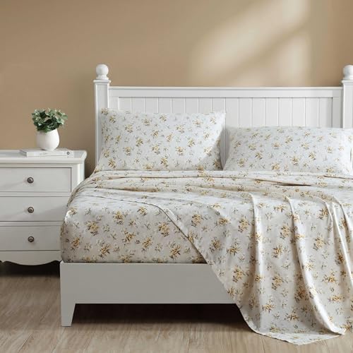 Image of Laura Ashley - King Sheet Set, Buttery-Soft Bed Sheets with a Naturally Silky Smooth Cotton Sateen Lightweight Feel - Matching Pillowcases & Fitted Sheet (Little Darlings Beige)