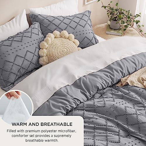 Image of Bedsure Queen Comforter Set - Grey Comforter, Boho Tufted Distressed Vintage Bedding for Kids, 3 Pieces Farmhouse-Style Bed Set for All Seasons, Fluffy Soft Bedding with 2 Pillow Shams