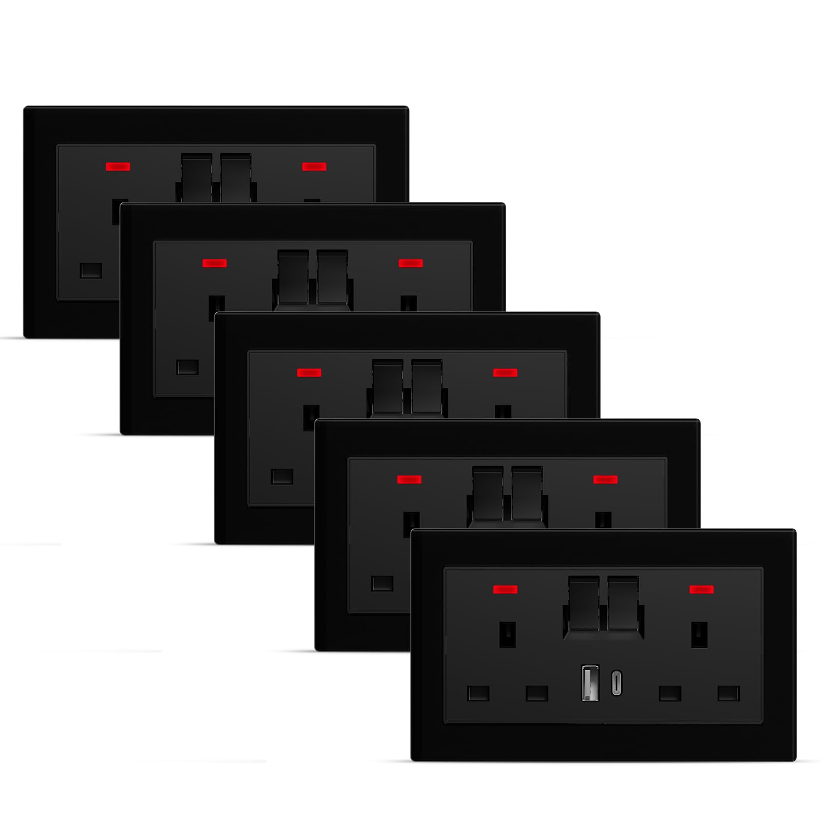 BSEEDLIFE Double Switched Wall Socket,Electric Plug Sockets Outlets with 20W USB/USB-C,13 A,Glass Panel Outlet Compatible with 3 Pin UK Standard Plug,146mm Black(5 Pack)