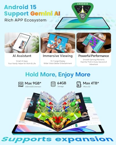 Image of TECLAST 2026 10 inch Android Tablet, P33Case Android 15 Tablet with Keyboard Case Mouse Stylus, 64GB ROM+4TB Expansion,Gemini AI, WiFi 6, 9H 6000mah, 2 in 1 Tablets 10 Accessories Kit for Daily Use