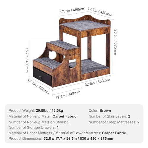 VEVOR Etagenbett für Haustiere mit Abnehmbarer Treppe, Fenstersitz für Hunde/Katzen mit Stauraum, mehrstufiges Bett, Schlafcouch für Hunde, Sitzplattform für Haustiere, 830 x 450 x 675 mm (Braun)