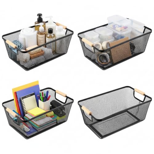 4 Pcs Metal Mesh Wire Baskets with Wooden Handles for Organizing, Pantry Organizers and Storage Steel Bin Kitchen Baskets for Fruit Potato Onion Snacks Bathroom Cabinet(Large,Black)