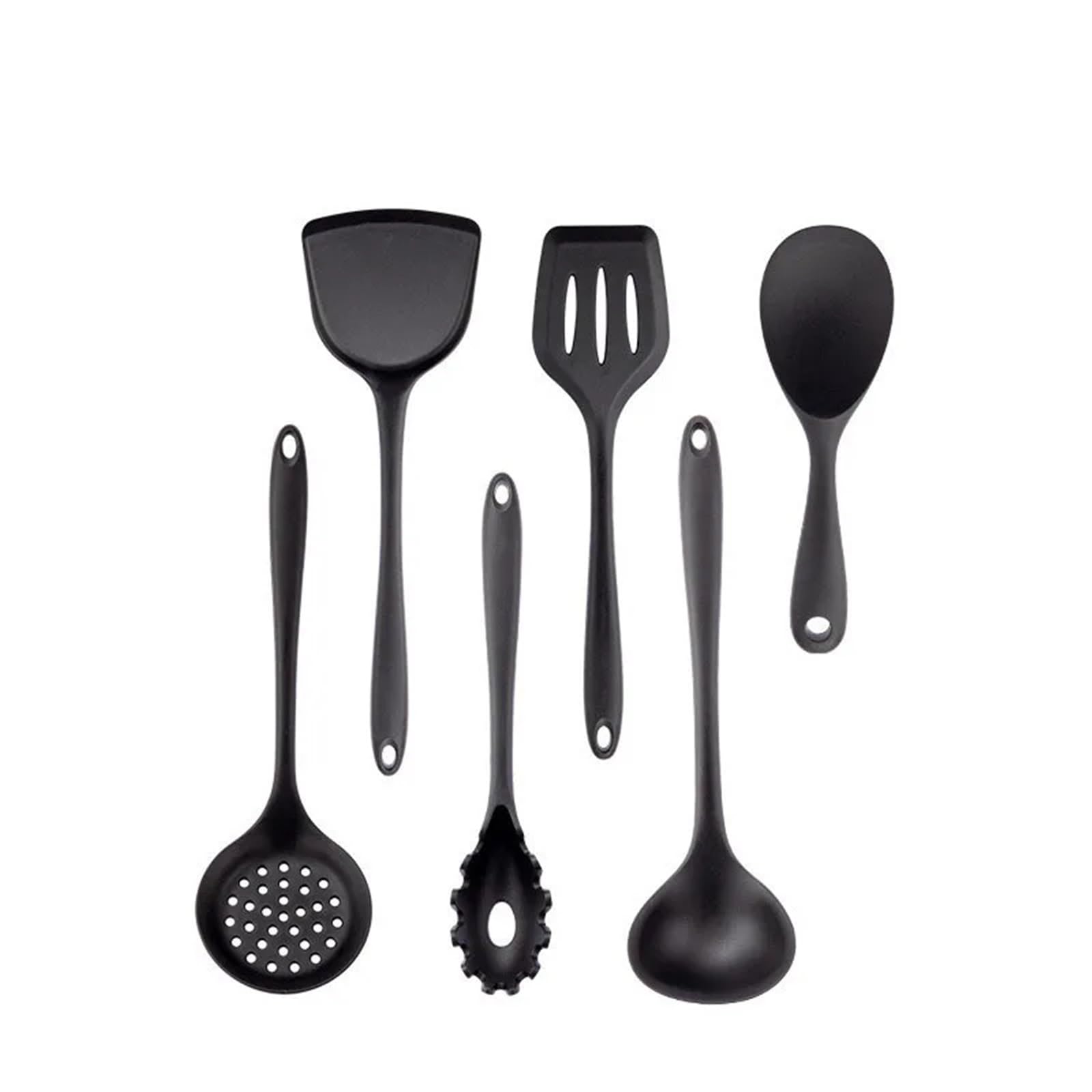 Silikon Küchenhelfer Set Schwarzes Silikon-Kochutensilien-Set, antihaftbeschichtet, Spachtel, Schaufel, Suppenlöffel(6Pcs Set)