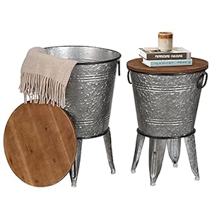 Rustee Rustic Storage Farmhouse Accent Side TableAntique Galvanized Metal End Coffee Cocktail Table Box Bin with Round Wooden Lid Set of 2 GalvanizedHC2009WTOne size