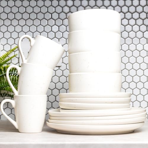 ROYALFORD 16 Piece Stoneware Dinnerware Set | Microwave, Dishwasher & Freezer Safe Durable Crockery Set | Includes Dinner & Dessert Plates Cereal Bowl & Mugs | Kitchen Dinner Set for 4 People White - Image 3