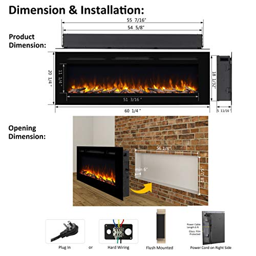 PuraFlame Alice 60 Inches Recessed Electric Fireplace, Wall Mounted for 2 X 6 Stud, Log Set & Crystal, 1500W Heater, Black - Thumbnail 5