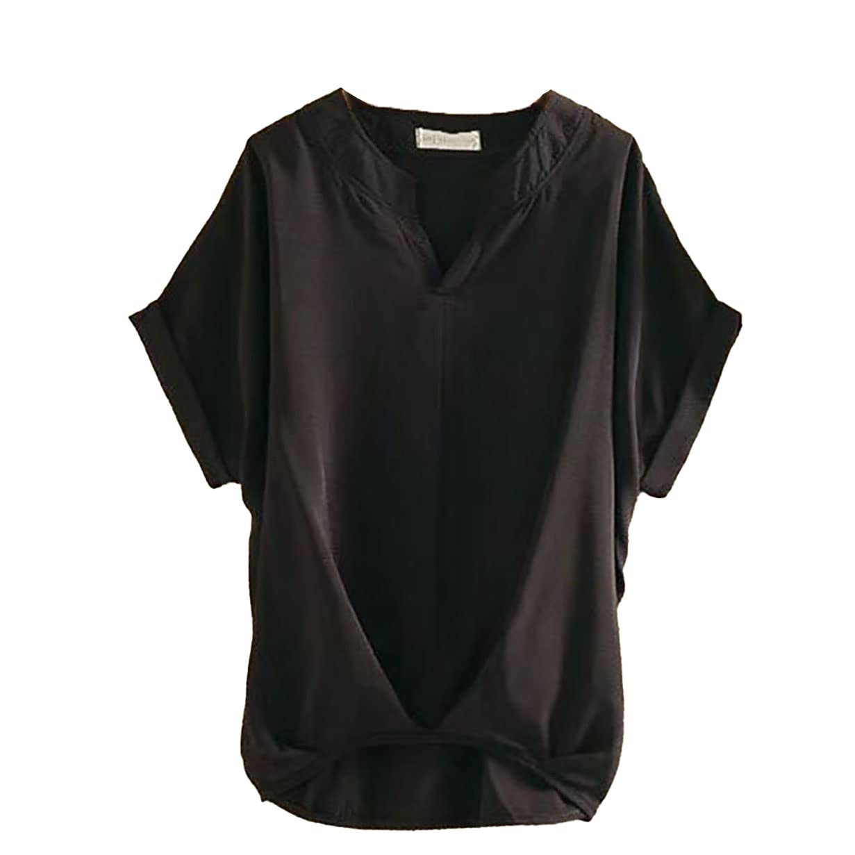 [Big laugh] [ビッグラフ] ｔ シャツ 5分 五分 袖 ゆったり トップス v ネック 襟 無 夏 半袖 無地 綿 麻 サテン 風 レディース