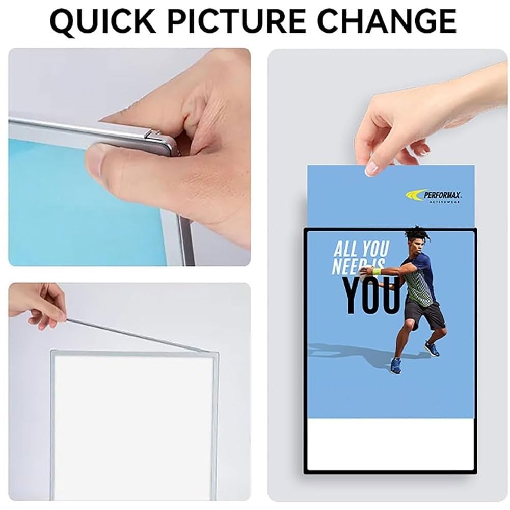 Ultradünner LED-Leuchtkasten aus gehärtetem Glas, wandmontierter Werbedisplayrahmen, TV-Leuchtkasten-Werbetafel, beleuchtetes Plakatdisplay, Menü-Flyer-Displayständer, Restaurant-Menütafel(Silver,A2)