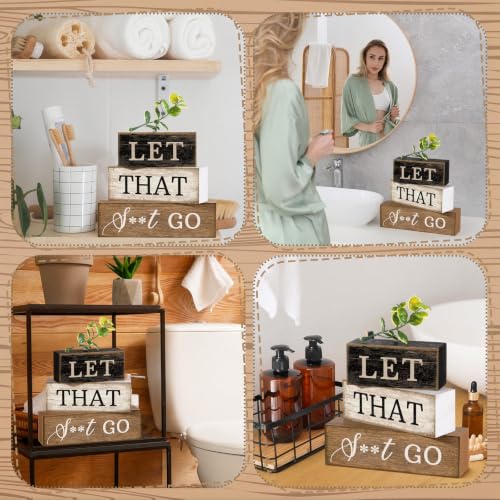Image of Moucuny 4 Pcs Bathroom Shelf Decor Sign Farmhouse Bathroom Decor and Accessories Rustic Eucalyptus Leaves Wood Block Sign Gift Let That Shit Go Funny Farmhouse Table Centerpiece for Home Office Toilet
