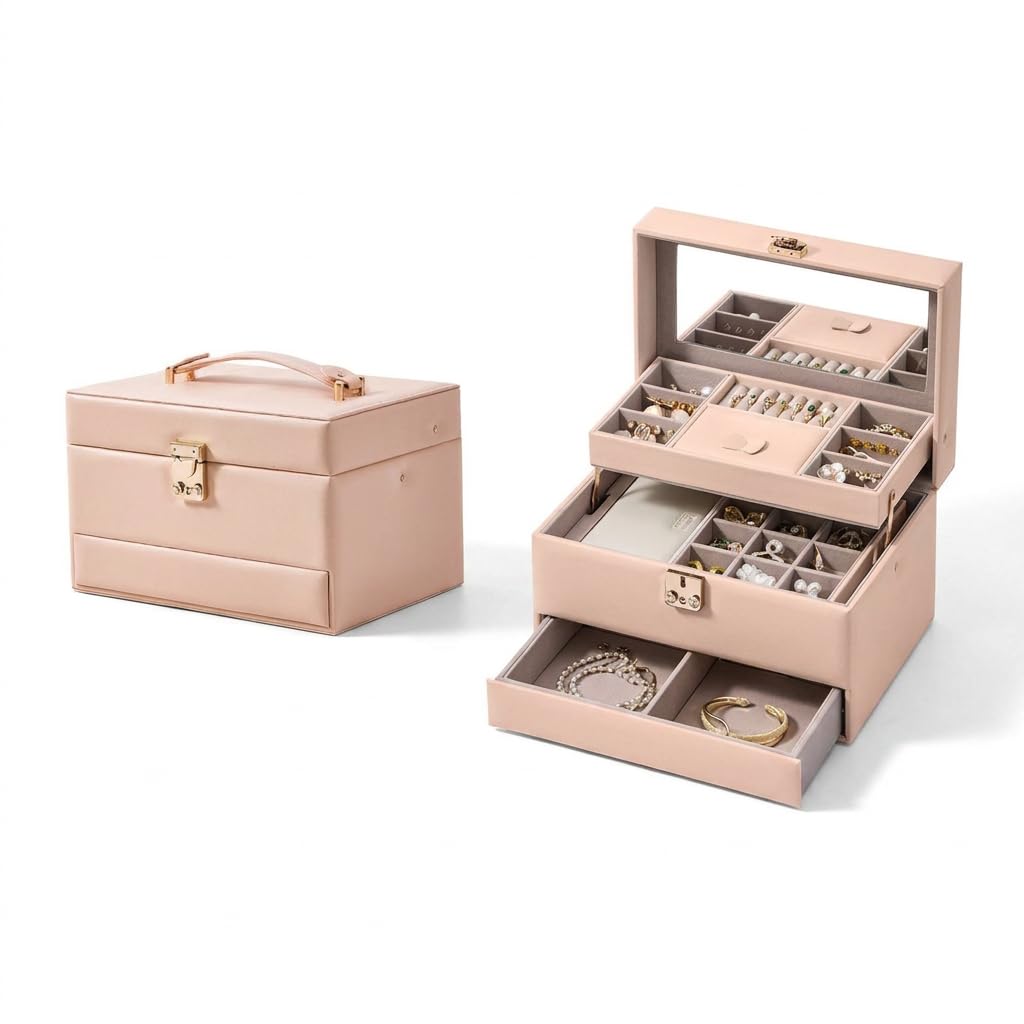 CASEGRACE Schmuck-Organizer-Box, 3-lagig, Leder, Schmuck-Aufbewahrungsbox mit tragbarem Schmucketui, herausnehmbares Schmucktablett, Aufbewahrung für Zuhause und Reisen, Geschenk für Frauen (Rosa)