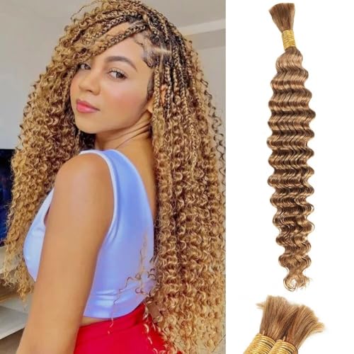 Blonde Human Braiding Hair Deep Water Wave Bulk Human Hair 50g 24 Inch Color 27 Curly Human Hair for Boho Braids Hair Extensions No Weft 1 Braids Per Pack Wet and Wavy Human Hair Braiding Hair