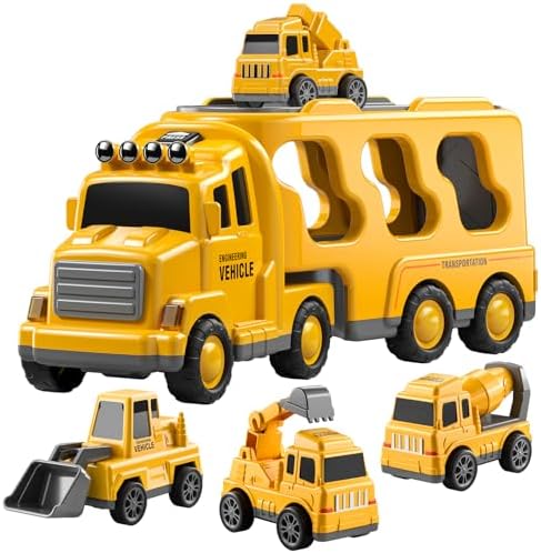 TEMI Construction Truck Boy Toys for 3-5 Year Old Toddlers - Toys for 3 4 5 6 7 Years Old Engineering Transport Vehicle Carrier Truck, Kids Excavator Crane Gifts Toys for Boys and Girls Aged 4-6