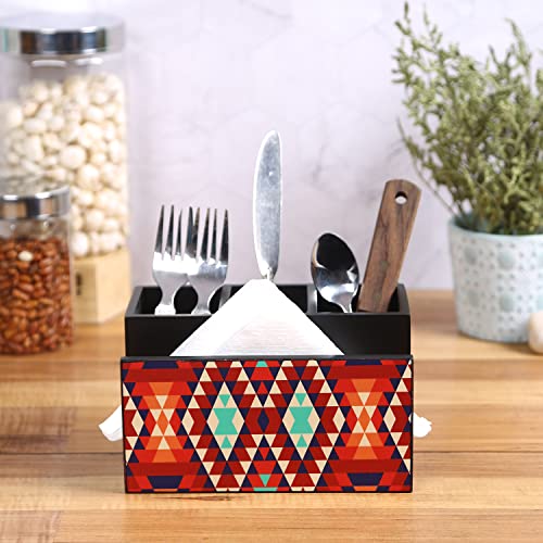 Image of Wooden Cutlery Holder I Countertop Organizer-Spoon Fork Knife Napkin Tissue Paper I Desk Supplies Pencil Pen Stationery Stand I Home&Kitchen I Size 7 inchX5 inchX4 inch (ikat),Multicolor
