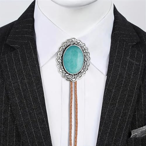 Image of Jeilwiy Bolo Tie for Men Real Stone Westwern Cowboy Ties Silver Bolos Women Leather Necktie Gift for Birthday Christmas