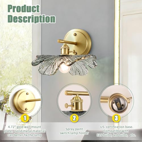 Image of Vintage Bathroom Vanity Light Set of 2 with Dark Green Flower Glass | Art Deco Wall Sconces, Gold Living Room Hallway lighting fixtures, 110V E26 Brass, Supports dimmable bulbs, Easy to install
