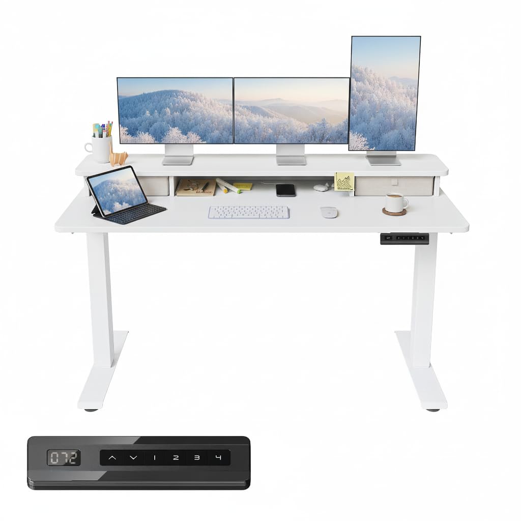 FEZIBO Electric Height Adjustable Standing Desk, 160x70cm, with Double Drawers and Storage Shelf, White Frame/Maple Top