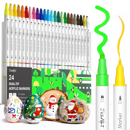 JusArt 24 Colors Acrylic Paint Markers, Dual Tip Coloring Markers with Dot and Fine Tip for Rock, Fabric, Wood, Glass, Ceramic, Canvas, Vibrant Art Supplies and DIY Crafts Art Supplies