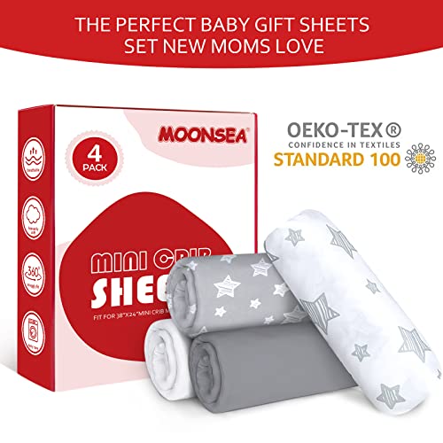 Image of Mini Portable Crib Sheets 4 Pack for Boys or Girls (38 inch X 24 inch), Compatible with Dream on Me, Delta Porta Crib and Arms Reach Ideal Cosleeper, Grey