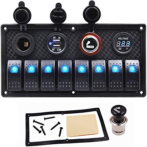 8 Gang Marine Switch Panel Boat Rocker Toggle Switches Waterproof with Circuit Breaker 3.1A USB Charger Digital Voltmeter Cigarette Lighter Socket 12V Blue LED Panel ON-Off for RV Car Truck 15A Fuse