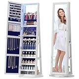 Dystler Mirror Jewelry Cabinet with Storage, Jewelry Armoire with Full Length Mirror, 360° Swivel & LED lights Standing Jewelry Holder Organizer with Rear Storage Shelves, Lockable - White