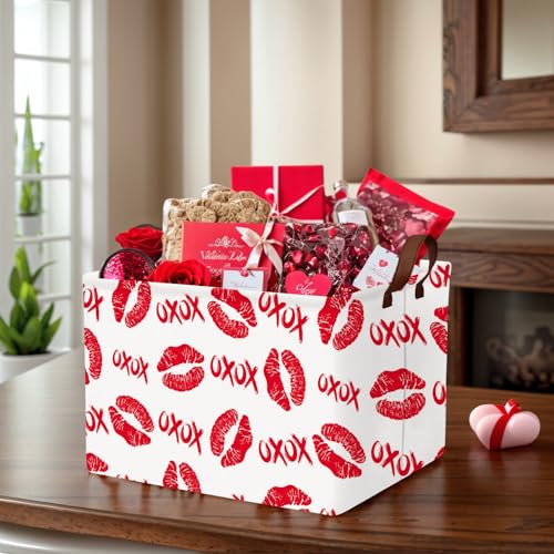 Image of Valentine's Day Basket for Gifts Empty Cute Heart Large Gift Basket Decorative Storage Bin for Kid and Baby Room Decor (XOXO Red Lips)