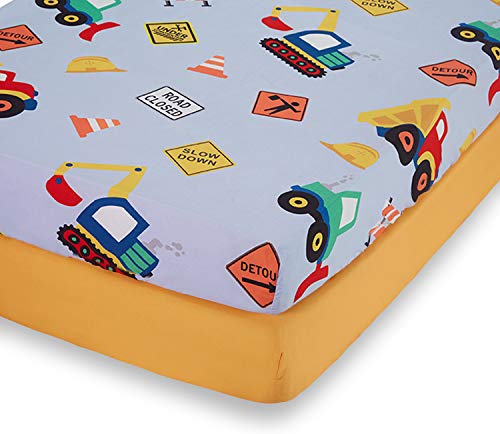 Image of Everyday Kids 2 Pack Fitted Boys Crib Sheet, 100% Soft Breathable Microfiber Baby Sheet, Fits Standard Size Crib Mattress 28in x 52in, Nursery Sheet - Construction/Gold