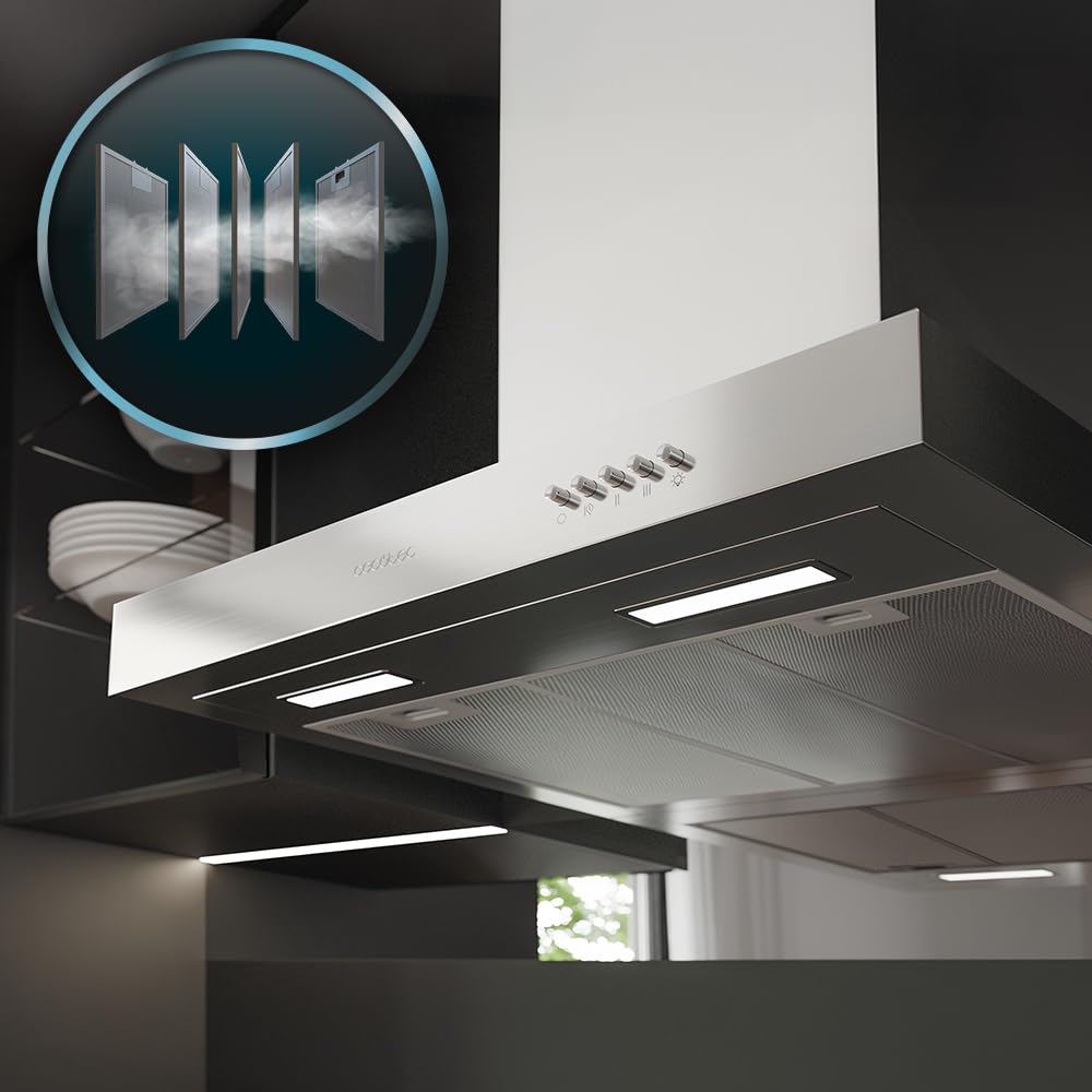 Cecotec Cappa aspirante 90 cm Bolero Flux TM 906500 Inox A. Motore 165 W, decorativo con finitura inox, aspirazione 650 m3/h, controllo meccanico, 3 livelli di potenza, luce e filtro al carbonio