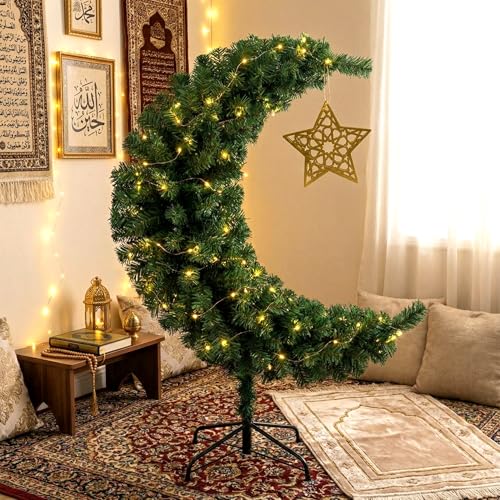 Tuanse 6 ft Lighted Eid Ramadan Moon Crescent Artificial Tree with Star String LED Outdoor Decoration Muslim Islamic Crescent Artificial for Eid Ramadan Party Decoration Garden Home Decor