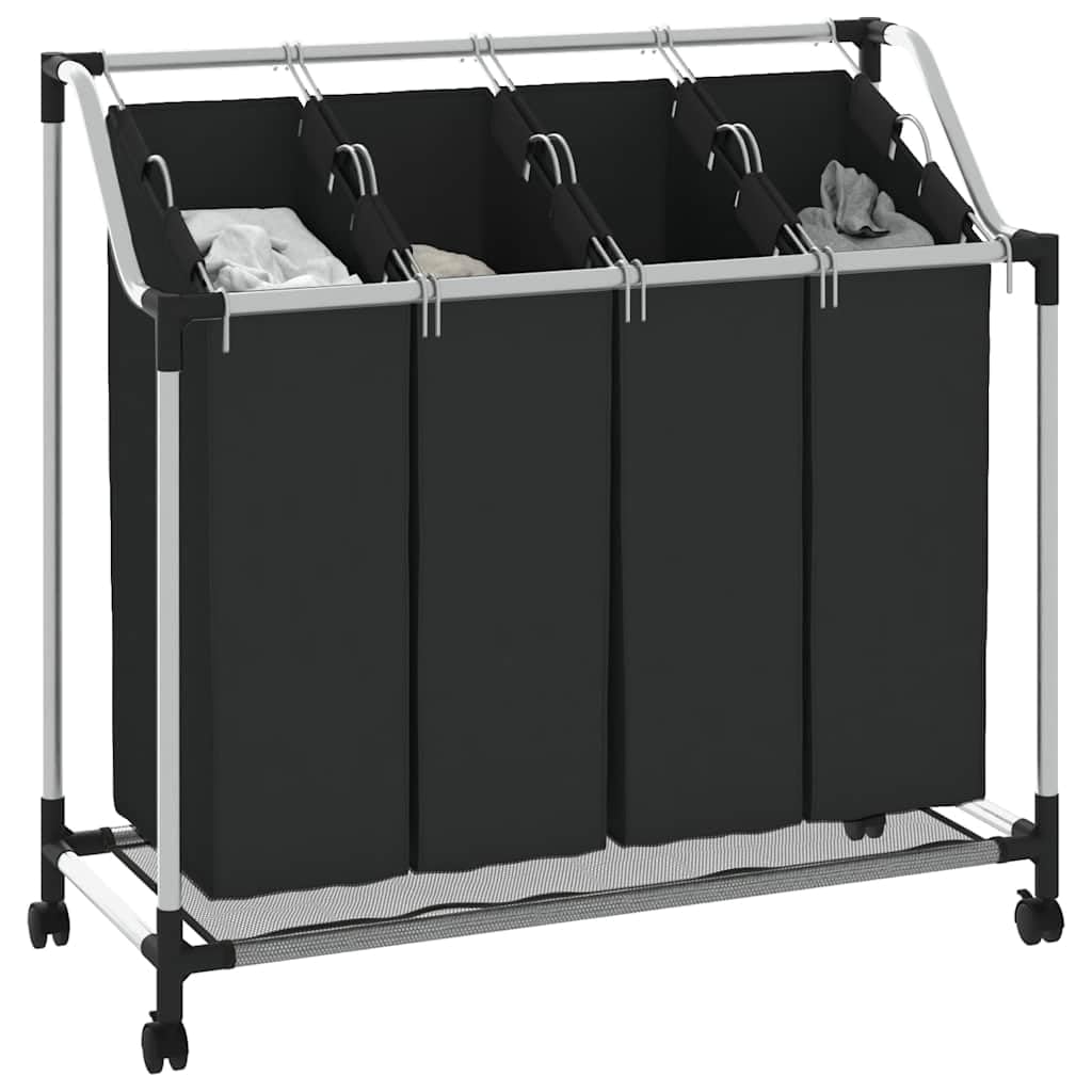 4 Fächer Schwarz Wäschesortierer mit Stahlrahmen und Rädern, Wäschesammler für Wäscherei, Hauswirtschaftsraum und Schrank, 4 getrennte Beutel zur Wäschetrennung, robust