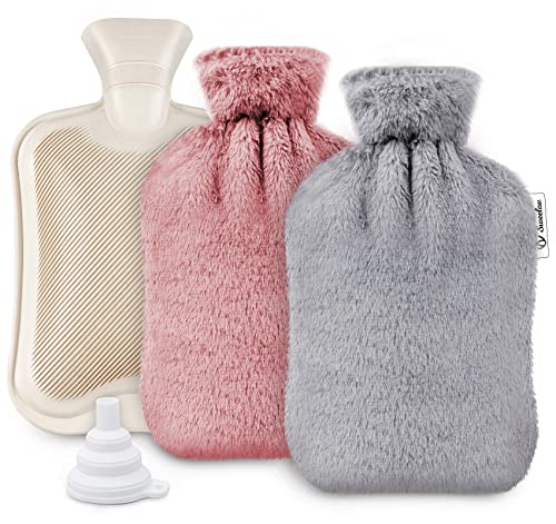Sweelov Bouillotte avec 2 housses douces, grand sac chauffant, housse moelleuse, bouteille de lit pour l'hiver, soulagement de la douleur, 2 litres, gris et rose Cover