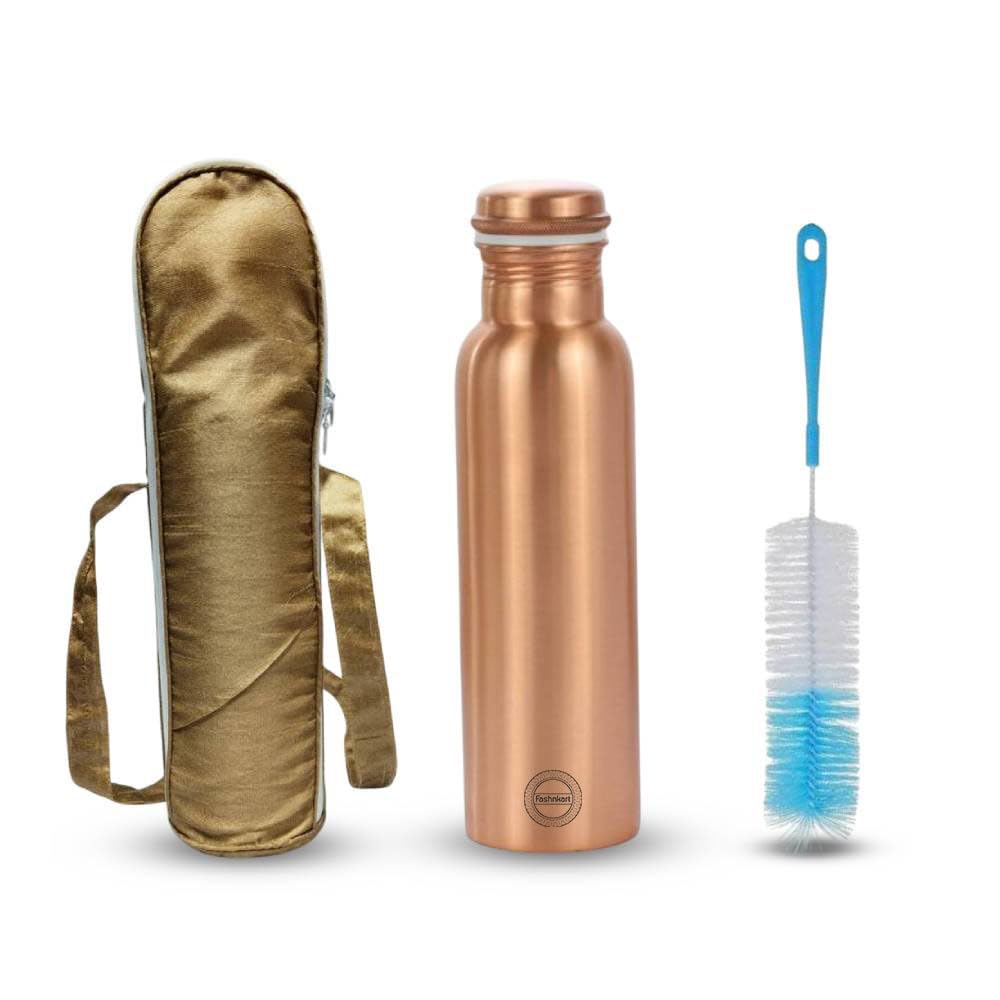 Fashnkart Copper Water Bottle Plain Regular Pure Copper Bottle Yoga Water Bottle Ayurveda Health Benefits Leak Proof 1000 ML With Bag & Brush