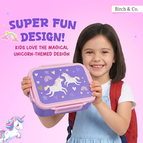 Image of Tiffin Box for School - Lunch Box for Kids Boys - Snacks Boxes for Girls - 900 ml Stainless Steel Tiffin Box, Leak-Proof 4-Side Locks, BPA-Free Food-Grade Material with Removable Divider, Unicorn
