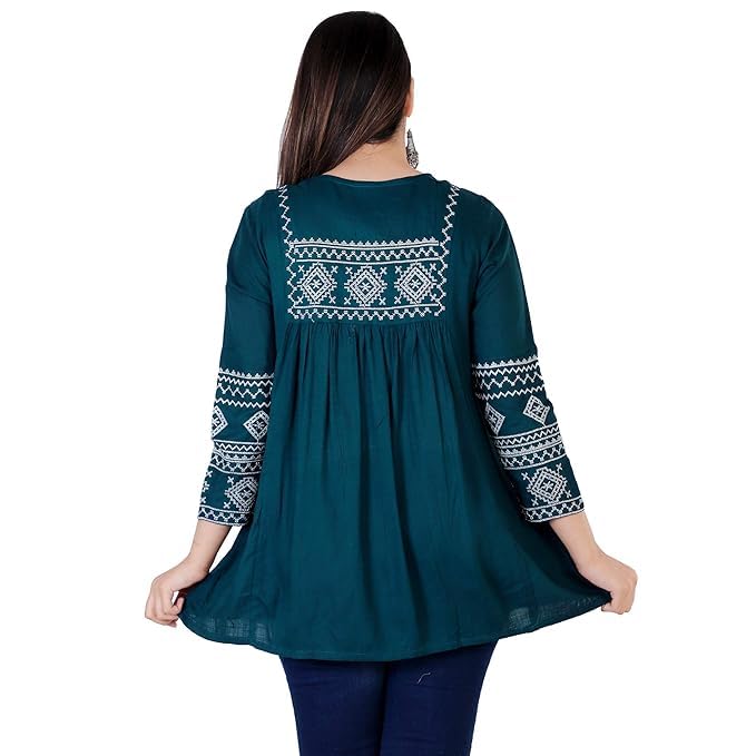 Image of Avayayat Women's Rayon Classic Heavy Embroidery Top with Beautifull Tassels at Front and on Both Sleeves Regular Fit Office Wear Festival Tunic Jeans Summer