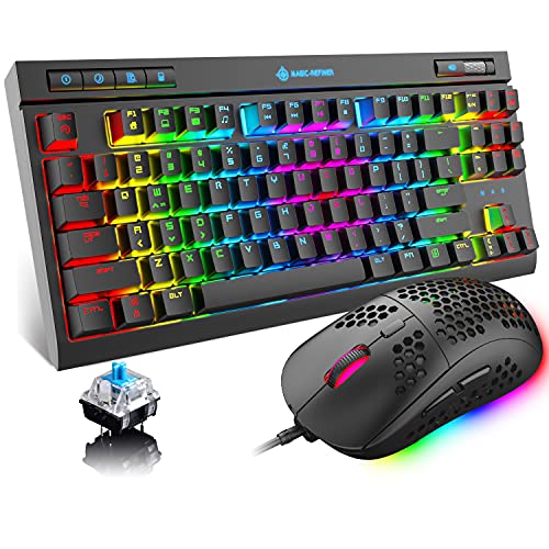 Black Friday Clearance RGB Rainbow Mechanical Gaming Keyboard and Mouse Combo Blue Switch 87 Keys Backlit Keybaord with Lightweight Honeycomb Shell Wired RGB Gaming Mouse 6400 DPI Mouse pad for PC Gamers Xbox One PS4 PS5