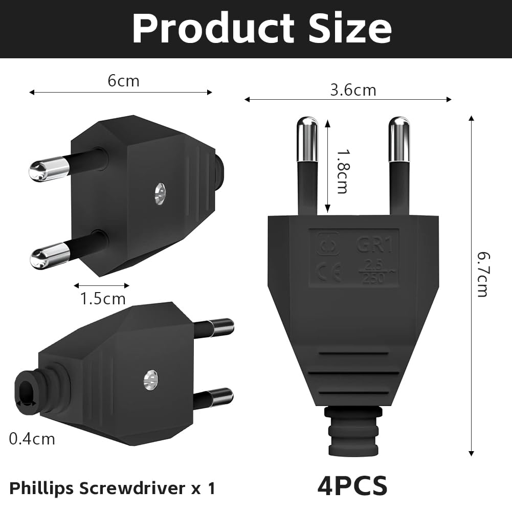 AXFEE 4 wtyczki euro, 250 V 2,5 A euro, płaskie wtyki euro, płaskie, z zestykiem ochronnym, wtyczka euro do kabla 8-10 mm, IP44, trwałe i odporne na pęknięcia (czarne)